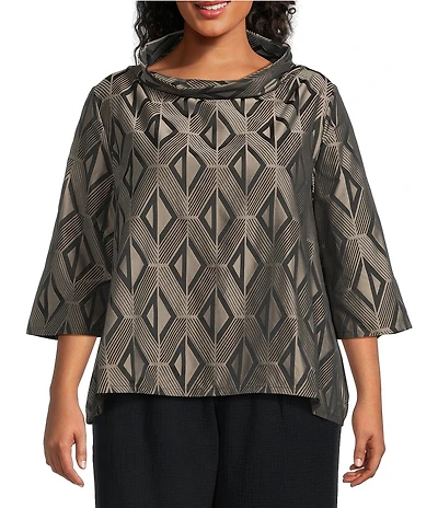 Bryn Walker Plus Etta Memory Crunch Jacquard Cowl Neck Elbow Sleeve Shirt
