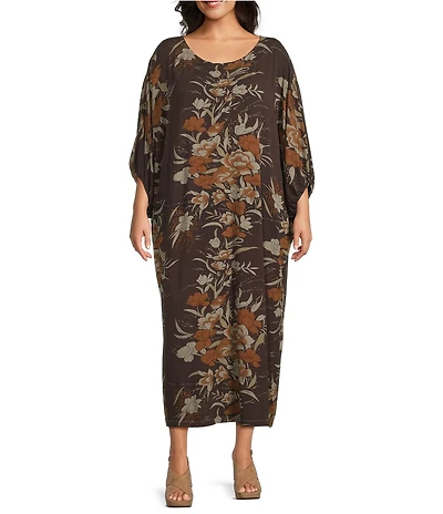 Bryn Walker Plus Fiori Print Jersey Boat Neck Elbow Dolman Sleeve Wilder Dress