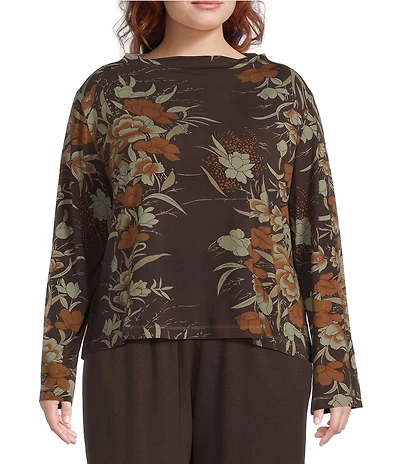 Bryn Walker Plus Size Fiori Print Viscose Jersey Drape Neck Long Sleeve Belen Shirt