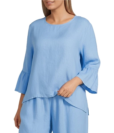 Bryn Walker Plus Fran Light Linen Round Neck 3/4 Ruffle Bell Sleeve High-Low Shirt