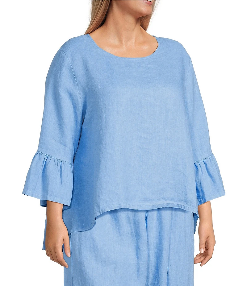 Bryn Walker Plus Fran Light Linen Round Neck 3/4 Ruffle Bell Sleeve High-Low Shirt