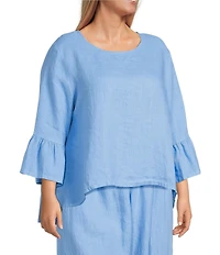 Bryn Walker Plus Fran Light Linen Round Neck 3/4 Ruffle Bell Sleeve High-Low Shirt