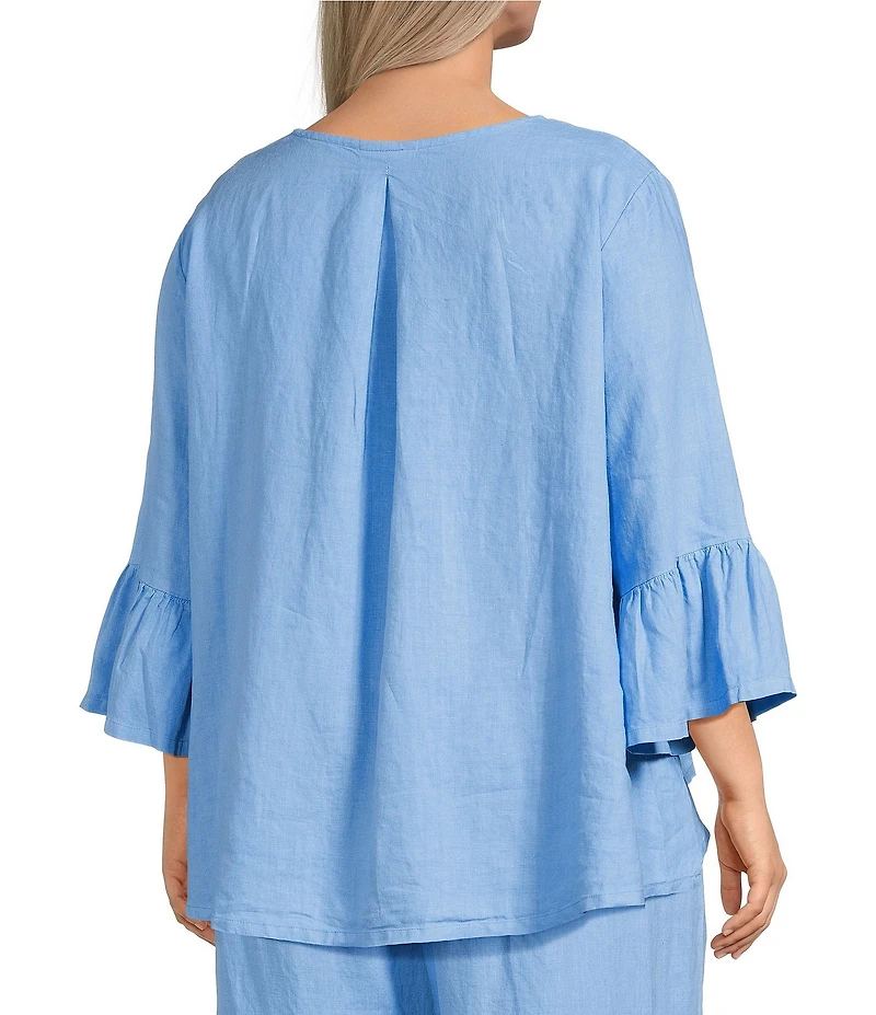 Bryn Walker Plus Fran Light Linen Round Neck 3/4 Ruffle Bell Sleeve High-Low Shirt