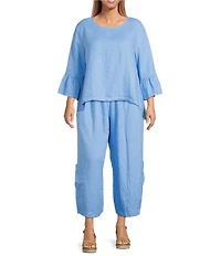 Bryn Walker Plus Fran Light Linen Round Neck 3/4 Ruffle Bell Sleeve High-Low Shirt