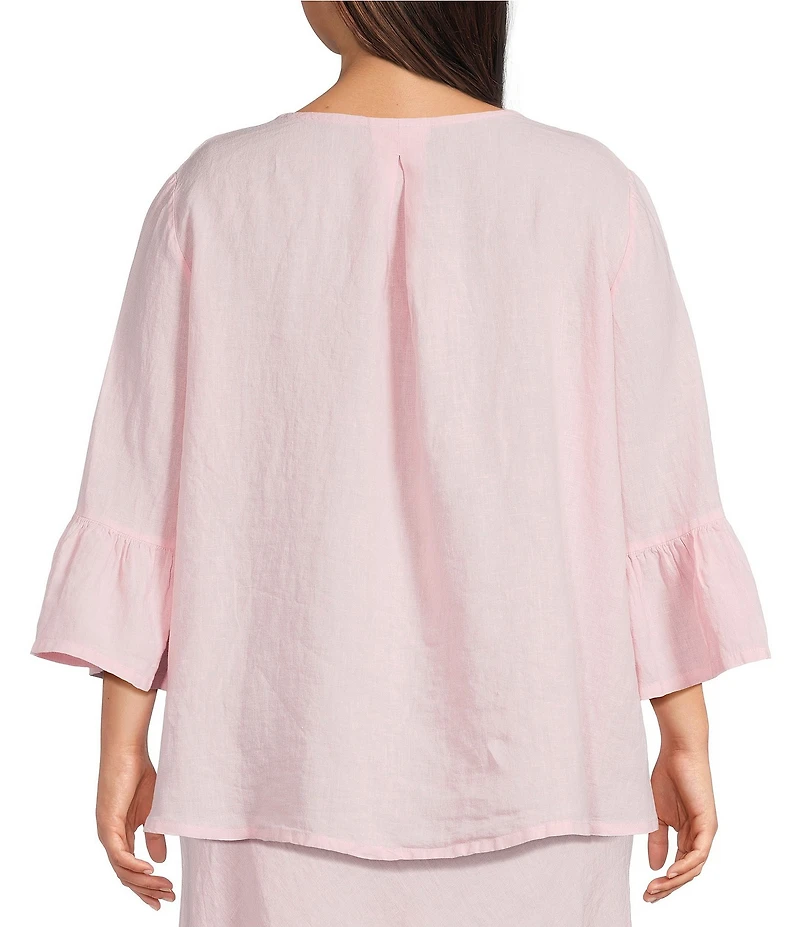 Bryn Walker Plus Fran Light Linen Round Neck 3/4 Ruffle Sleeve Shirt
