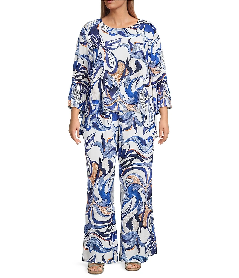 Bryn Walker Plus Fran Printed Round Neck 3/4 Ruffle Bell Sleeve Top