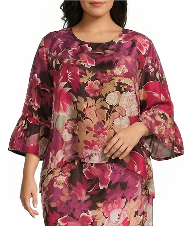 Bryn Walker Plus Fran Rosa Printed Silk Round Neck 3/4 Ruffle Bell Sleeve Coordinating Shirt