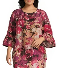 Bryn Walker Plus Fran Rosa Printed Silk Round Neck 3/4 Ruffle Bell Sleeve Coordinating Shirt