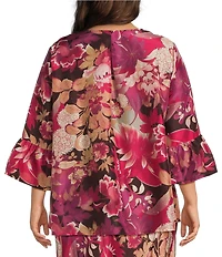 Bryn Walker Plus Fran Rosa Printed Silk Round Neck 3/4 Ruffle Bell Sleeve Coordinating Shirt