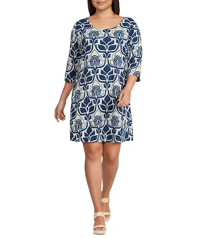 Bryn Walker Plus Hopper Tulum Azul Cielo Print Scoop Neck Elbow Sleeve A-Line Dress