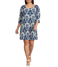Bryn Walker Plus Hopper Tulum Azul Cielo Print Scoop Neck Elbow Sleeve A-Line Dress