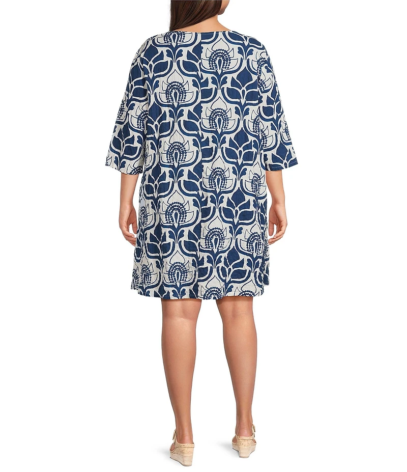 Bryn Walker Plus Hopper Tulum Azul Cielo Print Scoop Neck Elbow Sleeve A-Line Dress