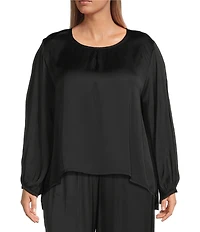 Bryn Walker Plus Kucinda Giardino Satin Round Neck Long Sleeve High-Low Shirt