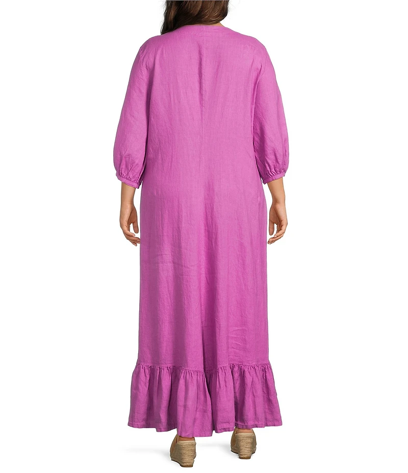 Bryn Walker Plus Lana Light Linen V-Neck 3/4 Gathered Sleeve Ruffle Hem Maxi Dress