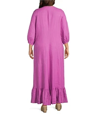 Bryn Walker Plus Lana Light Linen V-Neck 3/4 Gathered Sleeve Ruffle Hem Maxi Dress