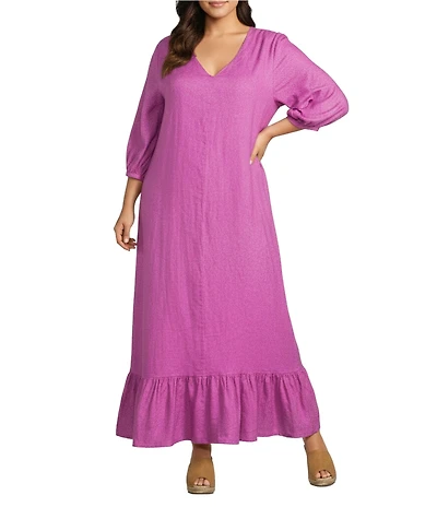 Bryn Walker Plus Lana Light Linen V-Neck 3/4 Gathered Sleeve Ruffle Hem Maxi Dress