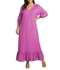 Bryn Walker Plus Lana Light Linen V-Neck 3/4 Gathered Sleeve Ruffle Hem Maxi Dress