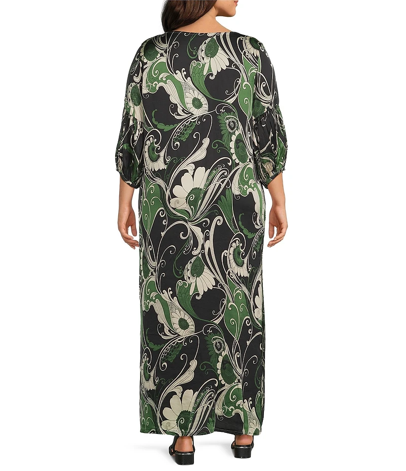 Bryn Walker Plus Size Lanterna Giardino Viscose Satin Round Neck 3/4 Sleeve Maxi Dress