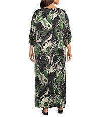 Bryn Walker Plus Size Lanterna Giardino Viscose Satin Round Neck 3/4 Sleeve Maxi Dress