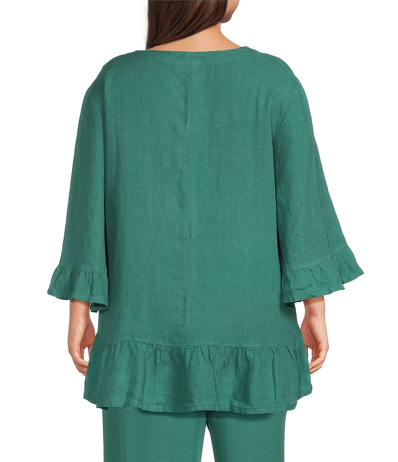 Bryn Walker Plus Layla Light Linen V-Neck 3/4 Bell Sleeve Ruffle Hem Tunic