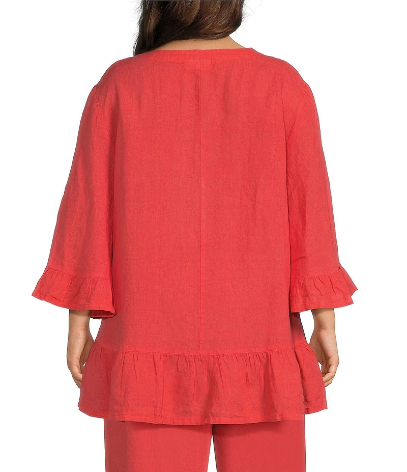 Bryn Walker Plus Size Layla Light Linen V-Neck 3/4 Bell Sleeve Ruffle Hem Tunic