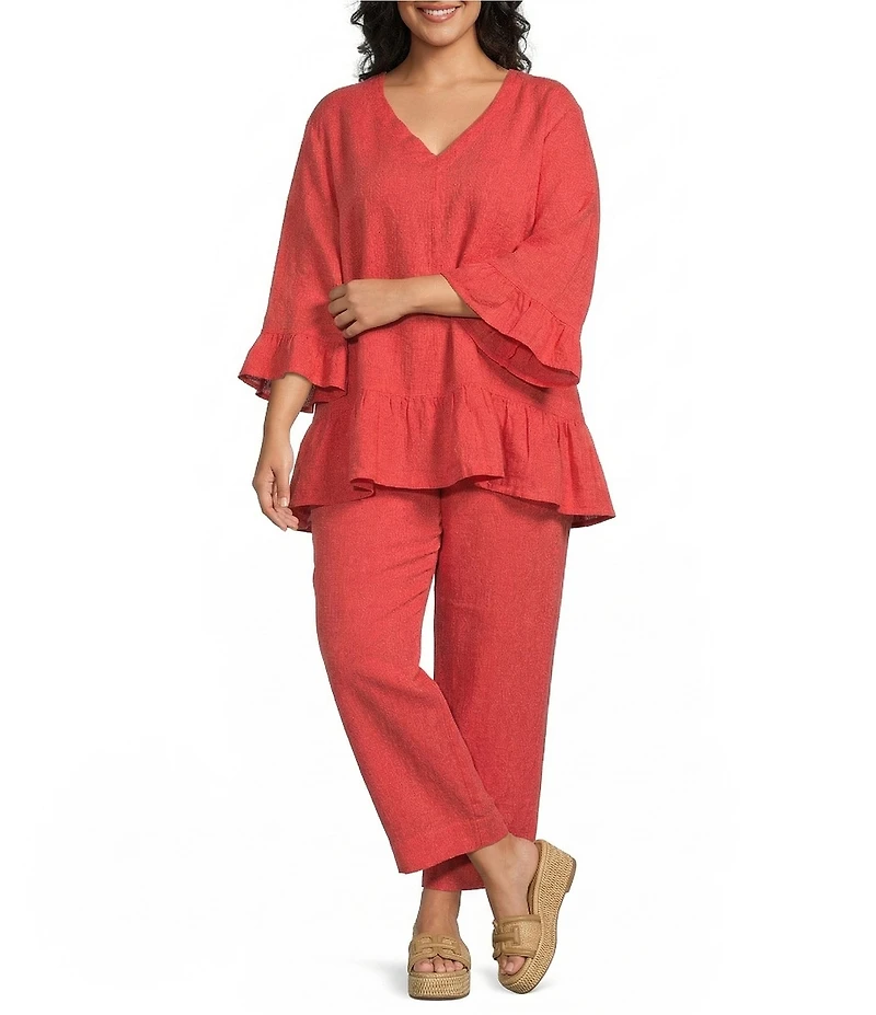 Bryn Walker Plus Size Layla Light Linen V-Neck 3/4 Bell Sleeve Ruffle Hem Tunic