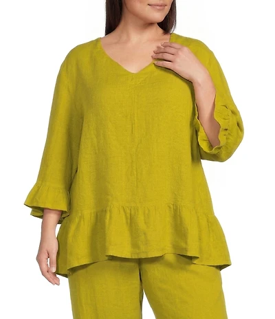 Bryn Walker Plus Layla Light Linen V-Neck 3/4 Bell Sleeve Ruffle Hem Tunic