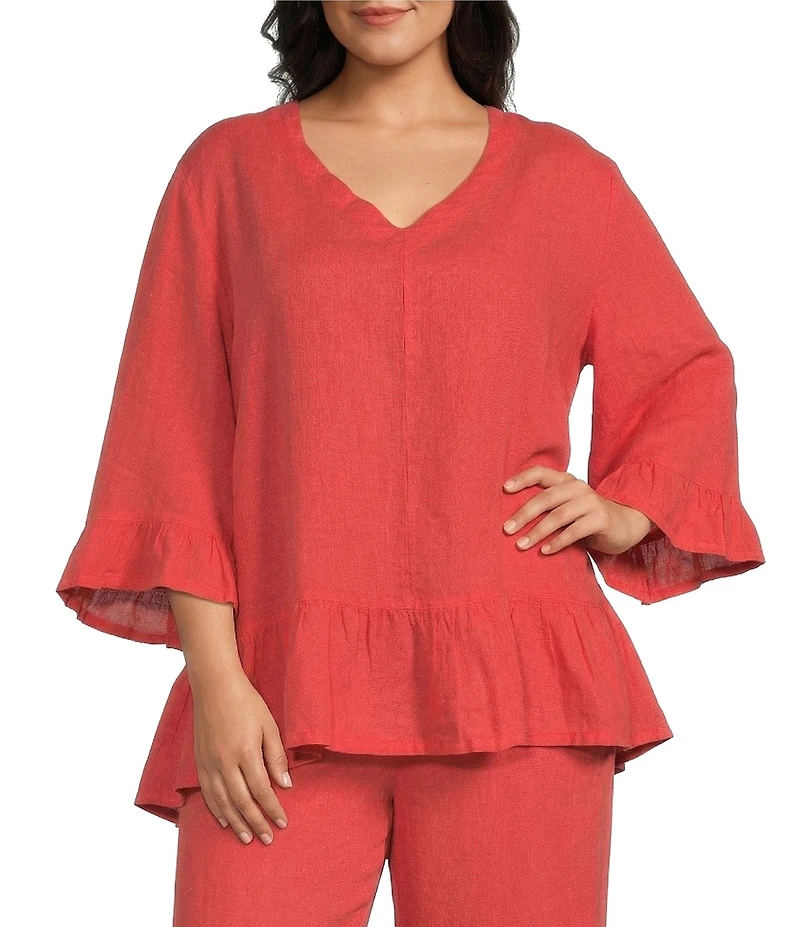 Bryn Walker Plus Size Layla Light Linen V-Neck 3/4 Bell Sleeve Ruffle Hem Tunic
