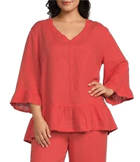 Bryn Walker Plus Size Layla Light Linen V-Neck 3/4 Bell Sleeve Ruffle Hem Tunic