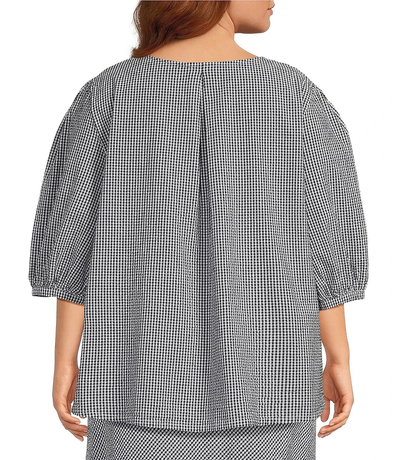 Bryn Walker Plus Lucinda Check Seersucker Round Neck 3/4 Sleeve Shirt