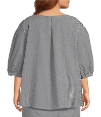 Bryn Walker Plus Lucinda Check Seersucker Round Neck 3/4 Sleeve Shirt