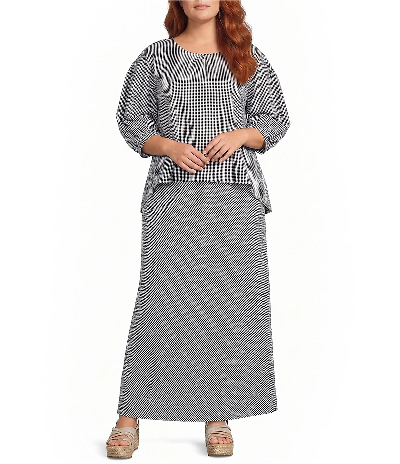 Bryn Walker Plus Lucinda Check Seersucker Round Neck 3/4 Sleeve Shirt