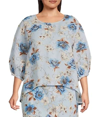 Bryn Walker Plus Lucinda Magnolia Print Linen Round Neck 3/4 Sleeve Shirt