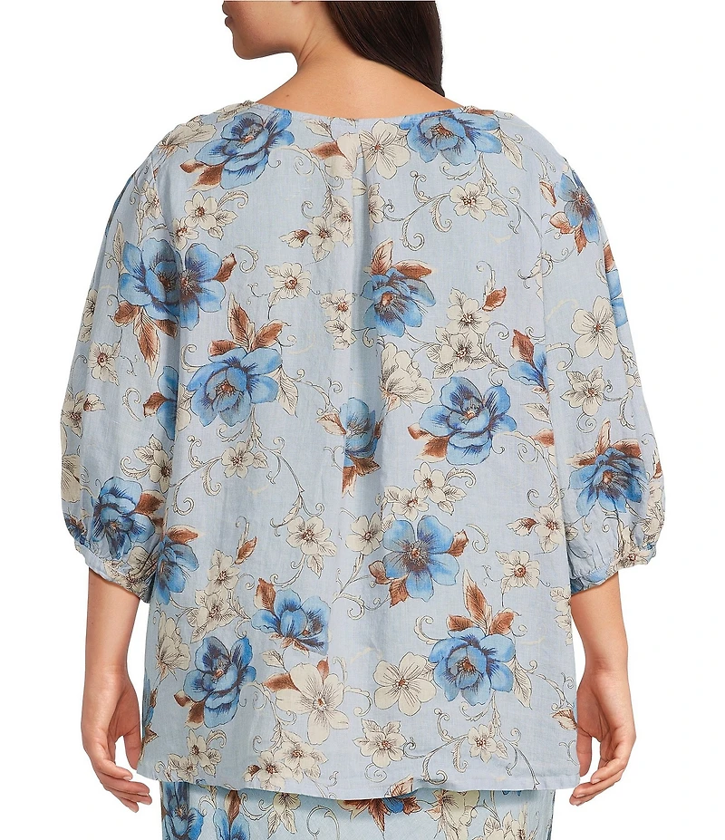 Bryn Walker Plus Lucinda Magnolia Print Linen Round Neck 3/4 Sleeve Shirt
