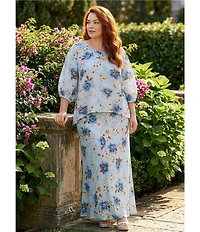 Bryn Walker Plus Lucinda Magnolia Print Linen Round Neck 3/4 Sleeve Shirt