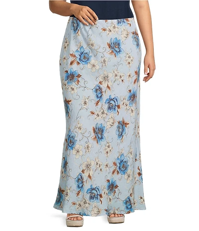 Bryn Walker Plus Magnolia Print Linen A-Line Bias Maxi Skirt
