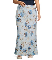 Bryn Walker Plus Magnolia Print Linen A-Line Bias Maxi Skirt