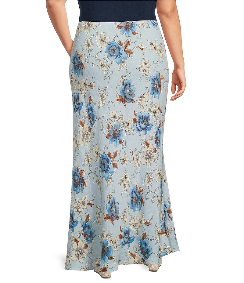 Bryn Walker Plus Magnolia Print Linen A-Line Bias Maxi Skirt