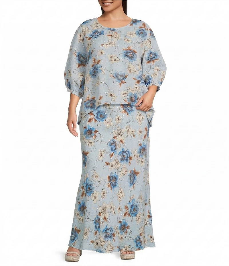 Bryn Walker Plus Magnolia Print Linen A-Line Bias Maxi Skirt