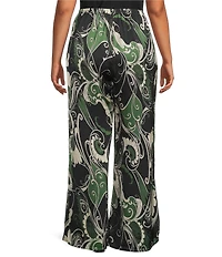 Bryn Walker Plus Osca Giardina Printed Viscose Satin Elastic Waist Full Wide Leg Coordinating Pants