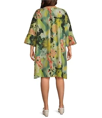 Bryn Walker Plus Phryne Giardino Print Round Neck 3/4 Ruffle Bell Sleeve Shift Dress