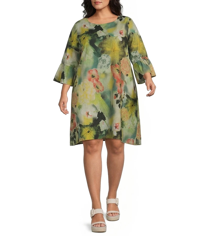 Bryn Walker Plus Phryne Giardino Print Round Neck 3/4 Ruffle Bell Sleeve Shift Dress