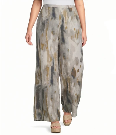 Bryn Walker Plus Size Pioggia Print Flat Front Elastic Back Waist Wide Leg Full Length Coordinating Pants