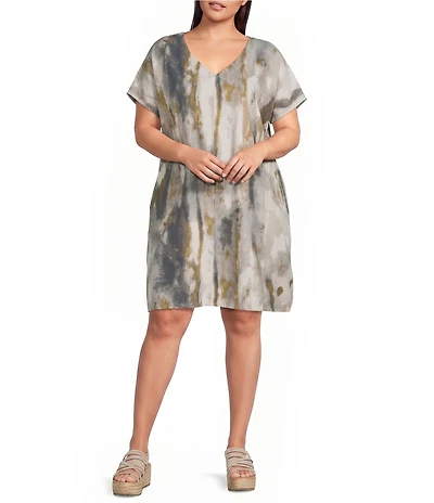 Bryn Walker Plus Size Regan Pioggia Print V-Neck Short Sleeve Tunic Dress