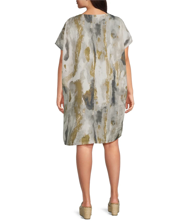 Bryn Walker Plus Size Regan Pioggia Print V-Neck Short Sleeve Tunic Dress