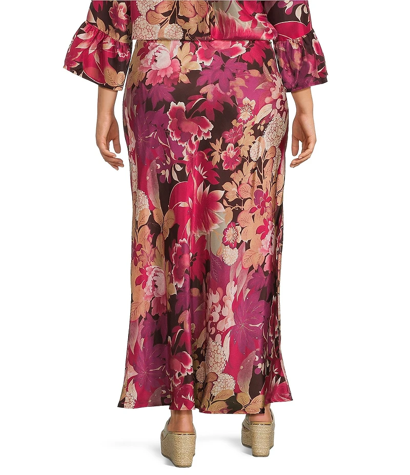 Bryn Walker Plus Rosa Print Elastic Waist A-Line Long Bias Coordinating Skirt