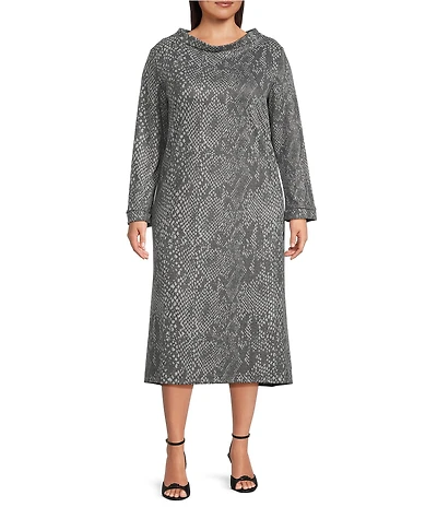 Bryn Walker Plus Size Avila Serpent Recycled Knit Banded Crew Neck Long Sleeve A-Line Midi Dress