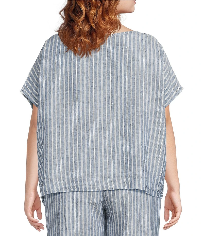 Bryn Walker Plus Size Bessie Stripe Linen Crew Neck Short Sleeve Button Front Coordinating Shirt