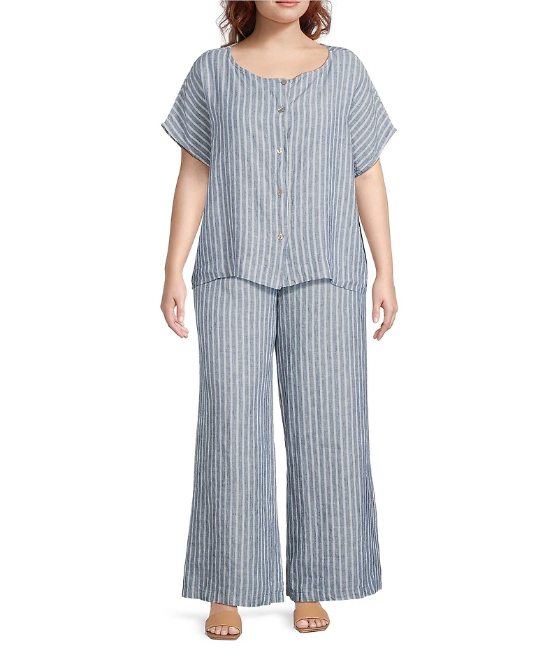 Bryn Walker Plus Size Bessie Stripe Linen Crew Neck Short Sleeve Button Front Coordinating Shirt