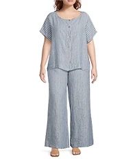Bryn Walker Plus Size Bessie Stripe Linen Crew Neck Short Sleeve Button Front Coordinating Shirt